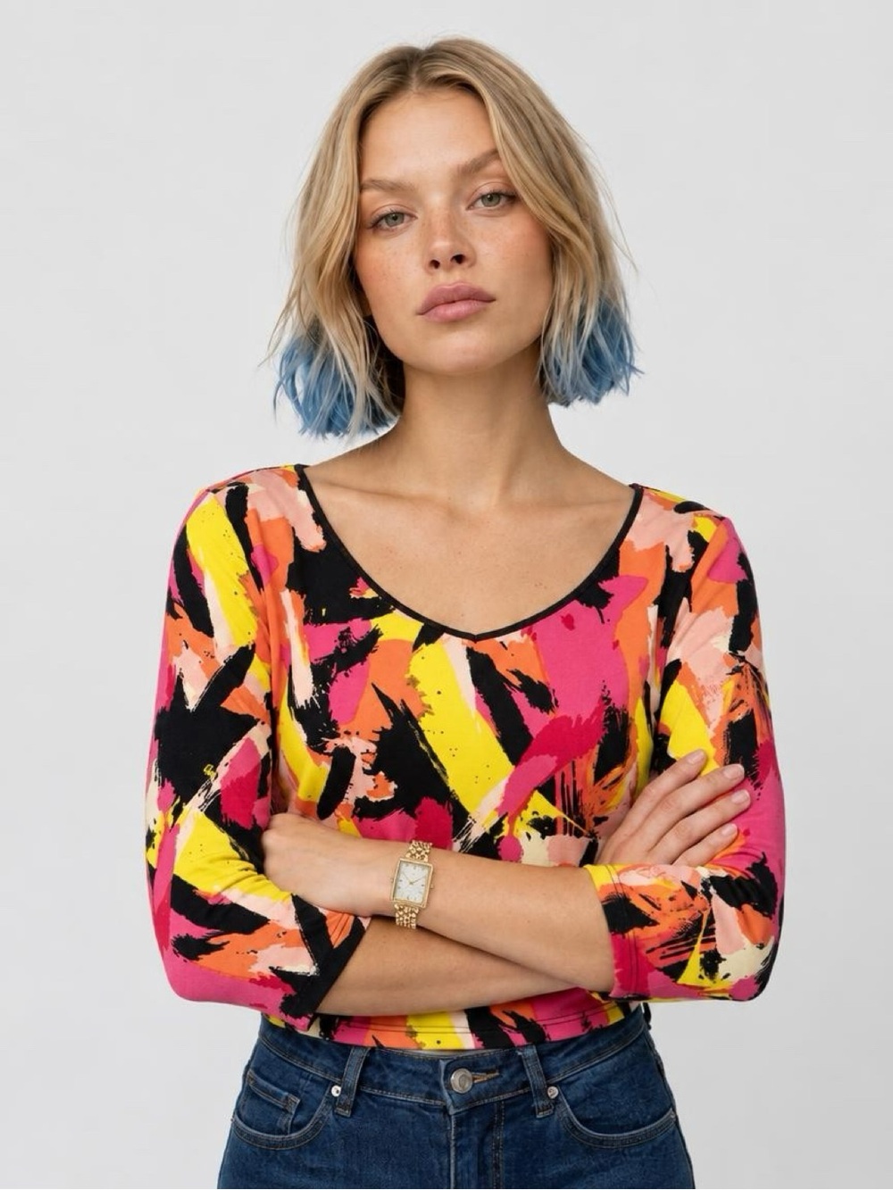 Bongo Abstract Stretch Top with Open Back Size Large